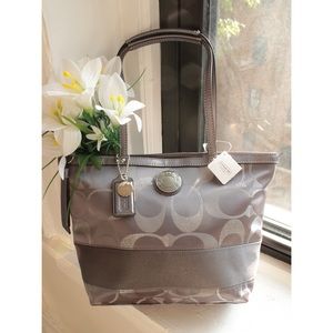 Coach Signature Brand New Nylon Zip Tote Silver